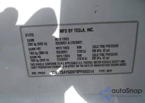 2023 Tesla Model Y Performance Dual Motor All-Wheel Drive z USA, uszkodzony, nr VIN 7SAYGDEF9PF665514